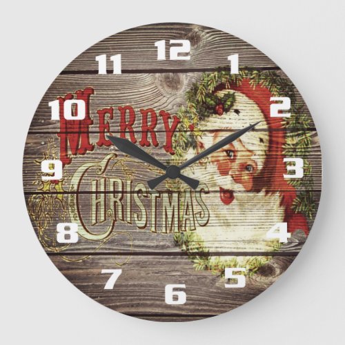 Vintage Merry Christmas  Santa on Rustic old Wood Large Clock