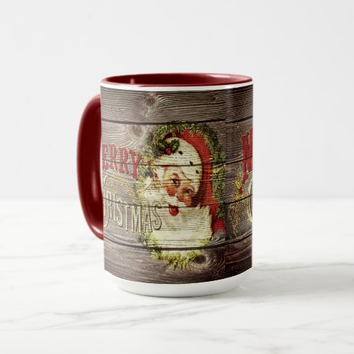 Vintage Merry Christmas  Santa on Rustic old Wood Mug
