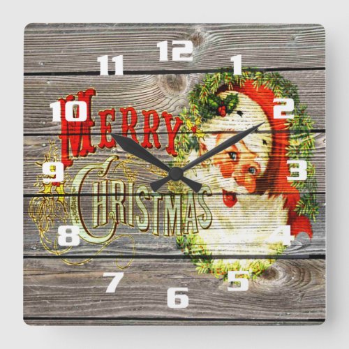 Vintage Merry Christmas  Santa on Rustic old Wood Square Wall Clock