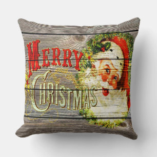 Vintage Merry Christmas & Santa on Rustic old Wood Throw Pillow