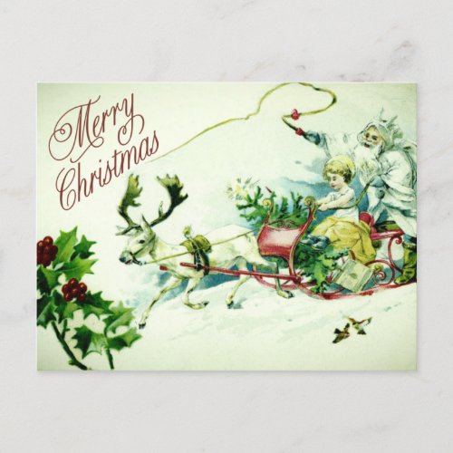 Vintage Merry Christmas Santa Sleigh Reindeer Postcard