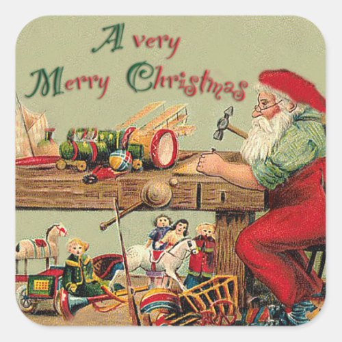 Vintage Merry Christmas Santas Workshop Square Sticker