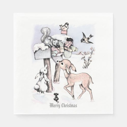 Vintage Merry Christmas Scene with Animals Napkins