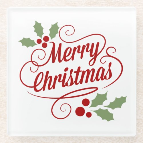 Vintage Merry Christmas Script Typography Glass Coaster