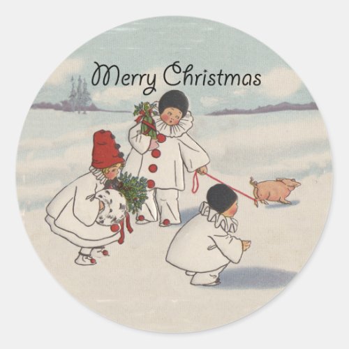 Vintage Merry Christmas Snow Children Classic Round Sticker