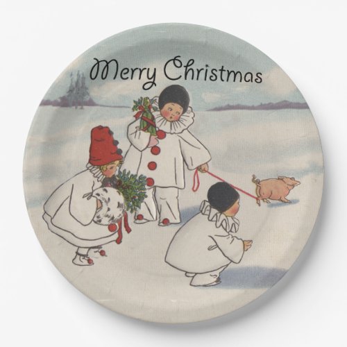Vintage Merry Christmas Snow Children Holiday Paper Plates
