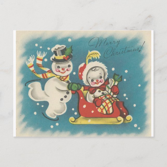 Vintage Merry Christmas Snowman Couple Holiday Postcard (Front)