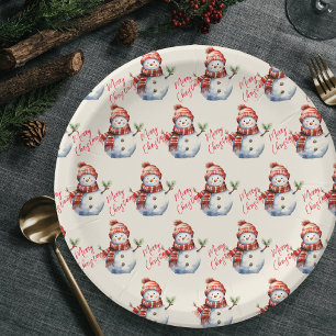 Vintage Merry Christmas & Snowmen Paper Plates