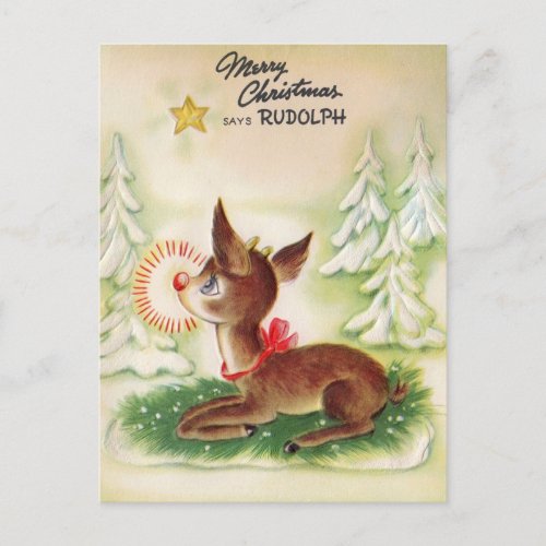 Vintage Merry Christmas Star Rudolph Holiday Postcard