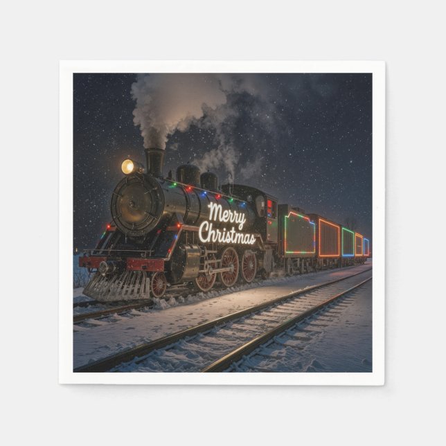 Vintage Merry Christmas Train In Snow Napkins (Front)