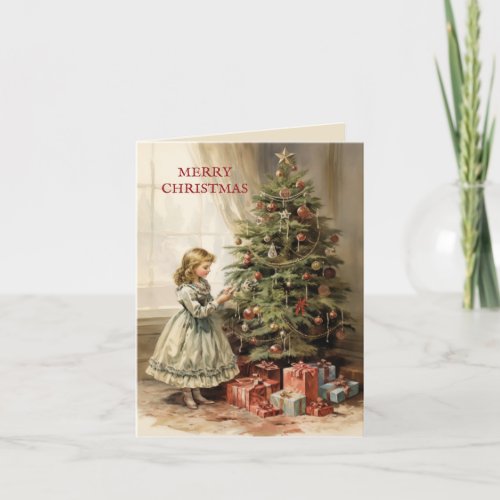 Vintage Merry Christmas Tree Girl Gifts Holiday Card