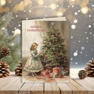 Vintage Merry Christmas Tree Girl Gifts Holiday Card