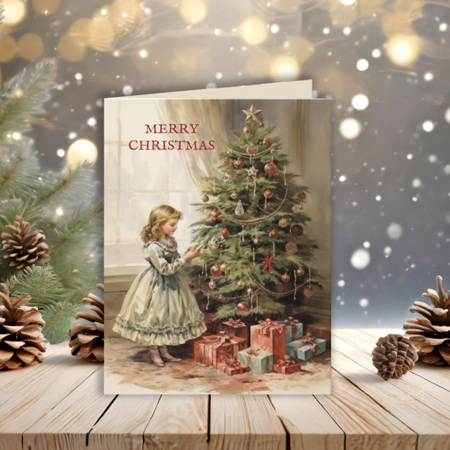 Vintage Merry Christmas Tree Girl Gifts Holiday Card (Vintage Christmas folded greeting card)