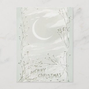 Vintage Merry Christmas Tree Moon Sky Snow Holiday Postcard