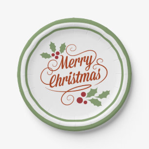 Vintage Merry Christmas Typography Word Art Paper Plates