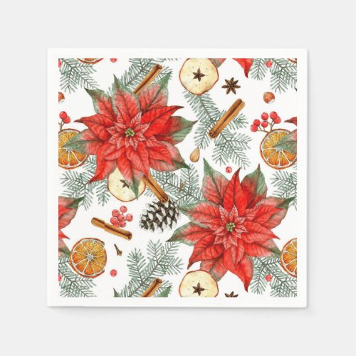 Vintage Merry Christmas Watercolor Red Poinsettia  Napkins