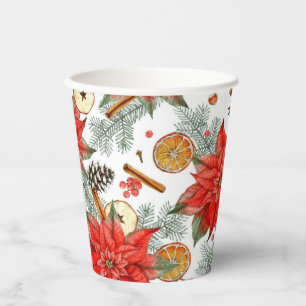 Vintage Merry Christmas Watercolor Red Poinsettia Paper Cups