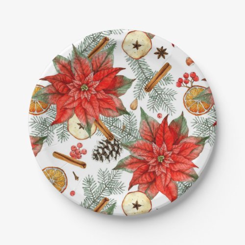 Vintage Merry Christmas Watercolor Red Poinsettia  Paper Plates