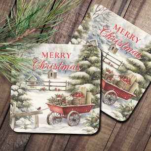 Vintage Merry Christmas Winter Forest  Square Paper Coaster