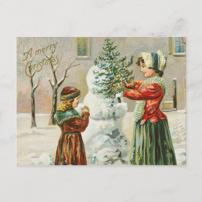 Vintage Merry Christmas Winter Snowman Postcard (Front)