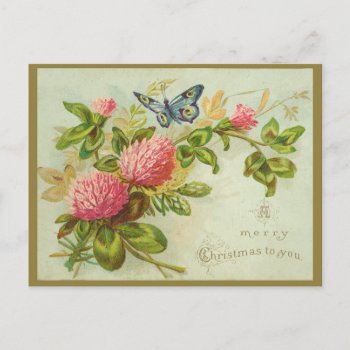 Vintage Merry Christmas With Butterfly And Flowers Postcard by SayWhatYouLike at Zazzle