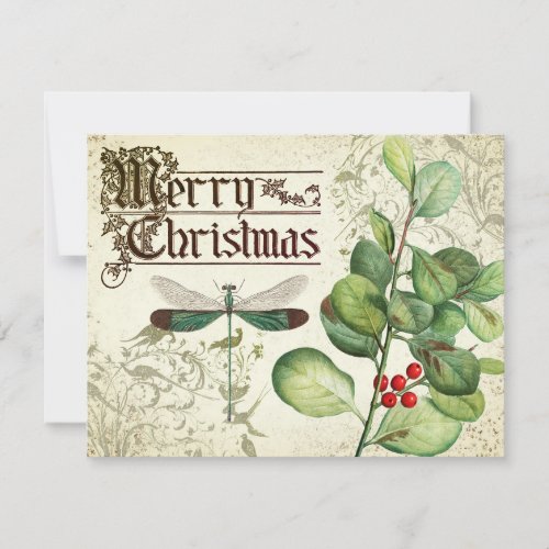 VINTAGE MERRY CHRISTMAS WITH DRAGONFLY CARD