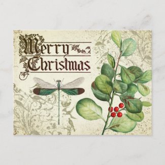 VINTAGE MERRY CHRISTMAS WITH DRAGONFLY POSTCARD