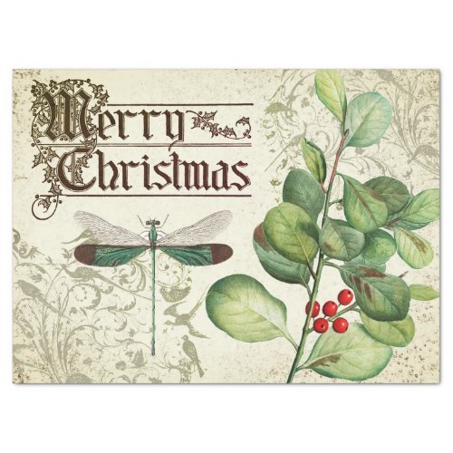 VINTAGE MERRY CHRISTMAS WITH DRAGONFLY TISSUE PAPER