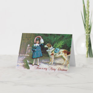 VintagE Merry Christmas with Girl Dog Holiday Card
