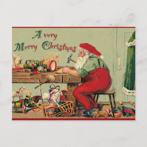 Vintage Merry Christmas with Santas Workshop Holiday Postcard