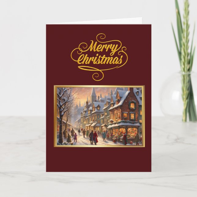 Vintage Merry Christmas with Snowy Town Card (Front)