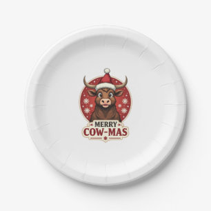 Vintage Merry Cow-Mas Highland Cow Christmas Carto Paper Plates