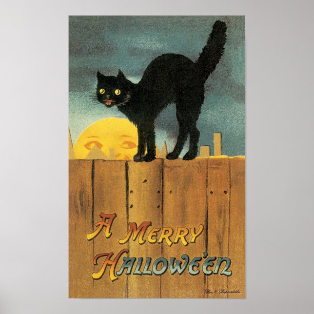 Vintage Merry Halloween Cat by Ellen Clapsaddle Poster (Front)