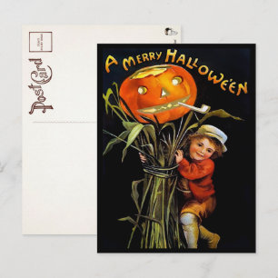 Vintage Merry Halloween Pumpkin Girl Postcard