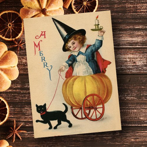 Vintage Merry Halloween Witch With cat Holiday Postcard