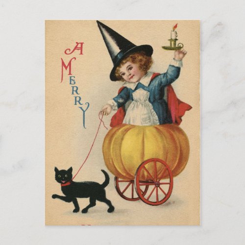 Vintage Merry Halloween Witch With cat Holiday Postcard