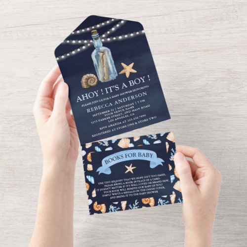 Vintage Message in a Bottle Navy Blue Baby Shower All In One Invitation