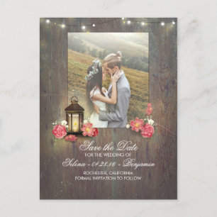 Vintage Metal Lantern and Wood Photo Save the Date Announcement Postcard