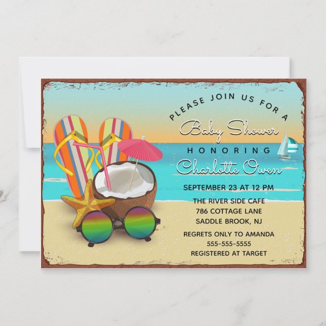 Vintage Metal Sign Beach Party Baby Shower Invitation (Front)