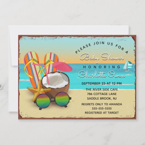 Vintage Metal Sign Beach Party Baby Shower Invitation