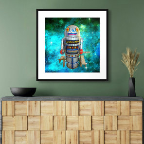 Vintage metal toy robot turquoise galaxy retro poster