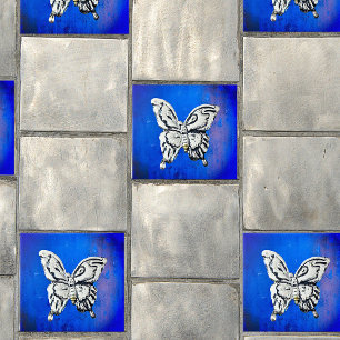 Vintage Mexican Silver Butterfly On Blue Ceramic Ceramic Tile