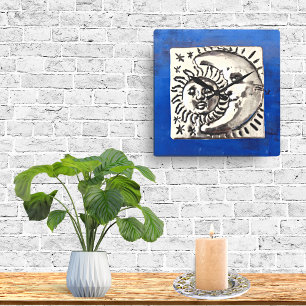 Vintage Mexican Silver Sun & Moon On Blue Square Wall Clock