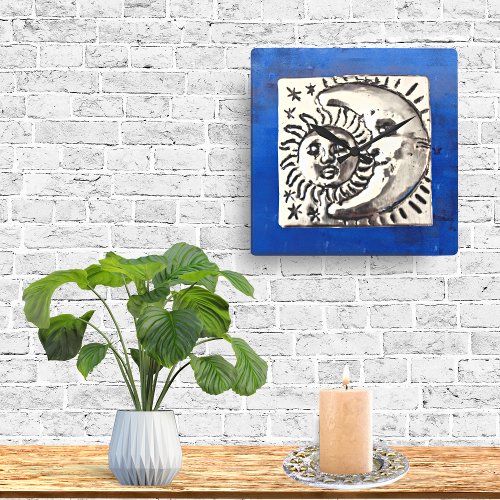 Vintage Mexican Silver Sun  Moon On Blue Square Wall Clock