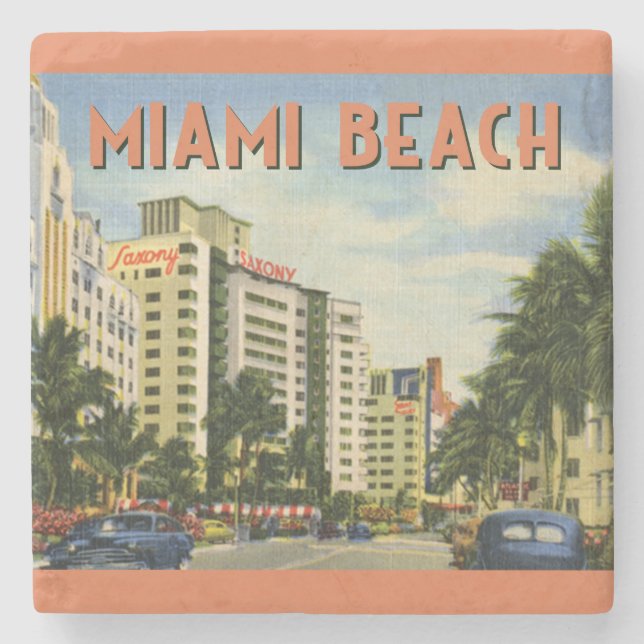 Vintage Miami Beach Florida Scene Stone Coaster (Front)