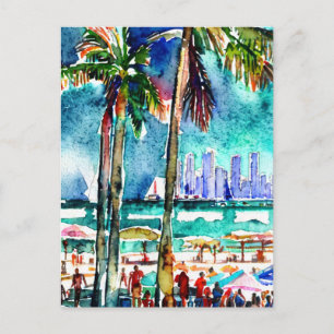 Vintage Miami Florida Watercolor Painting Postcard
