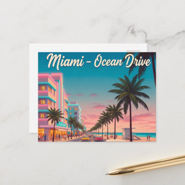  Vintage Miami, Ocean Drive Travel Postcard (Front/Back In Situ)