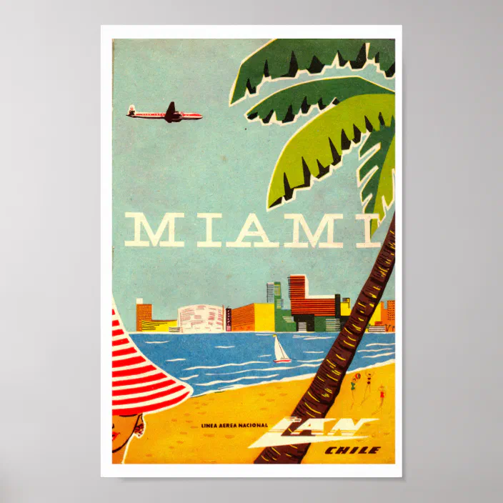 MIAMI BY THE SEA THE CITY OF HAPPINESS BEACH FLORIDA TRAVEL VINTAGE POSTER REPRO