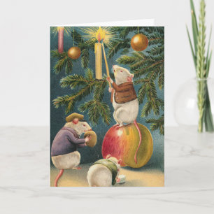 Vintage mice lighting christmas tree holiday card