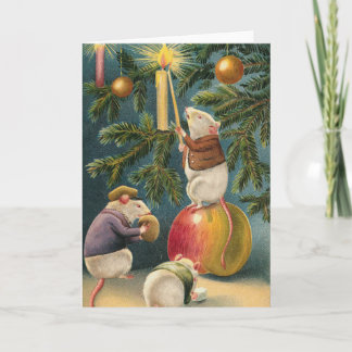 Vintage mice lighting christmas tree holiday card